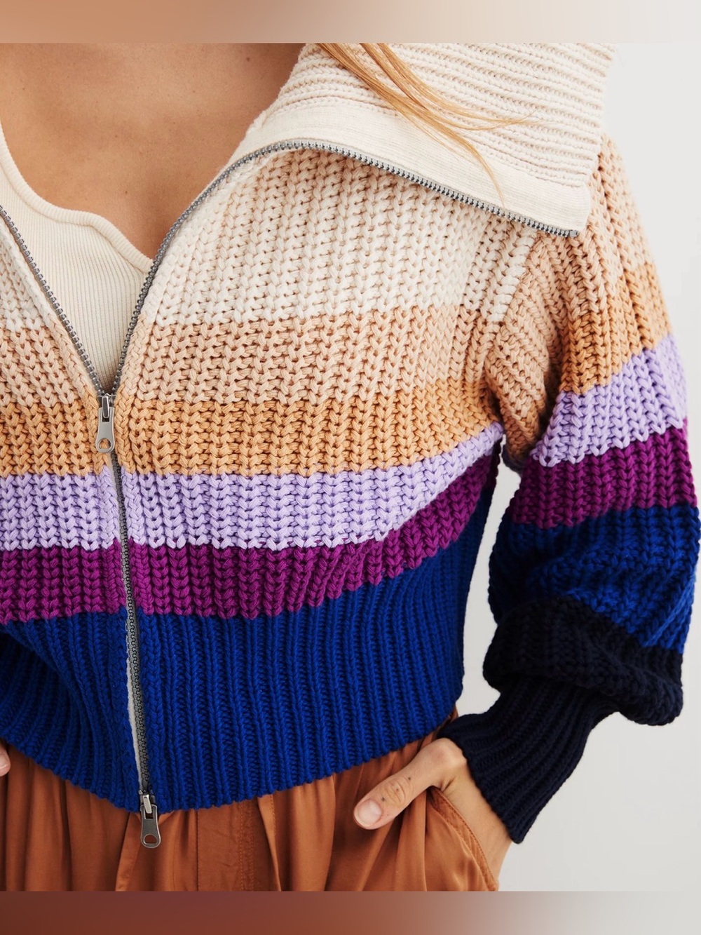 Aerie Double Zip Cardigan XS Colorblock Chunky Knit Cropped Sweater